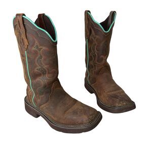 Justin Boots Brown Leather Cowboy Heeled Boots with Turquoise Trim